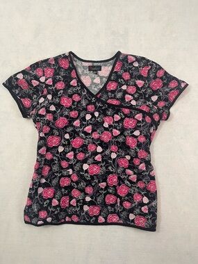 Peaches Floral V-Neck Scrubs Top in Black and Pink - size M